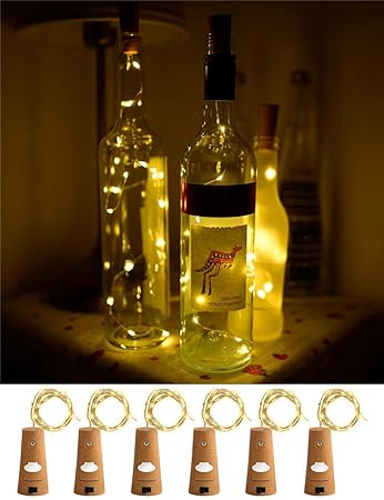 MansWill Weinflasche Lichter mit Kork, 6 Pack 20 LEDs Flasche Schnur-Licht / 6.5ft (2M) Silber Kupferdraht Batteriebetriebene