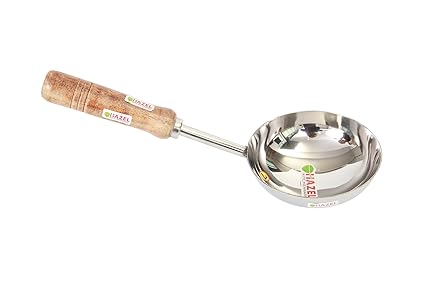 Hazel Steel Jumbo Tadka Pan with Short Wooden Handle, 36 cm, 400 ml, Silver
