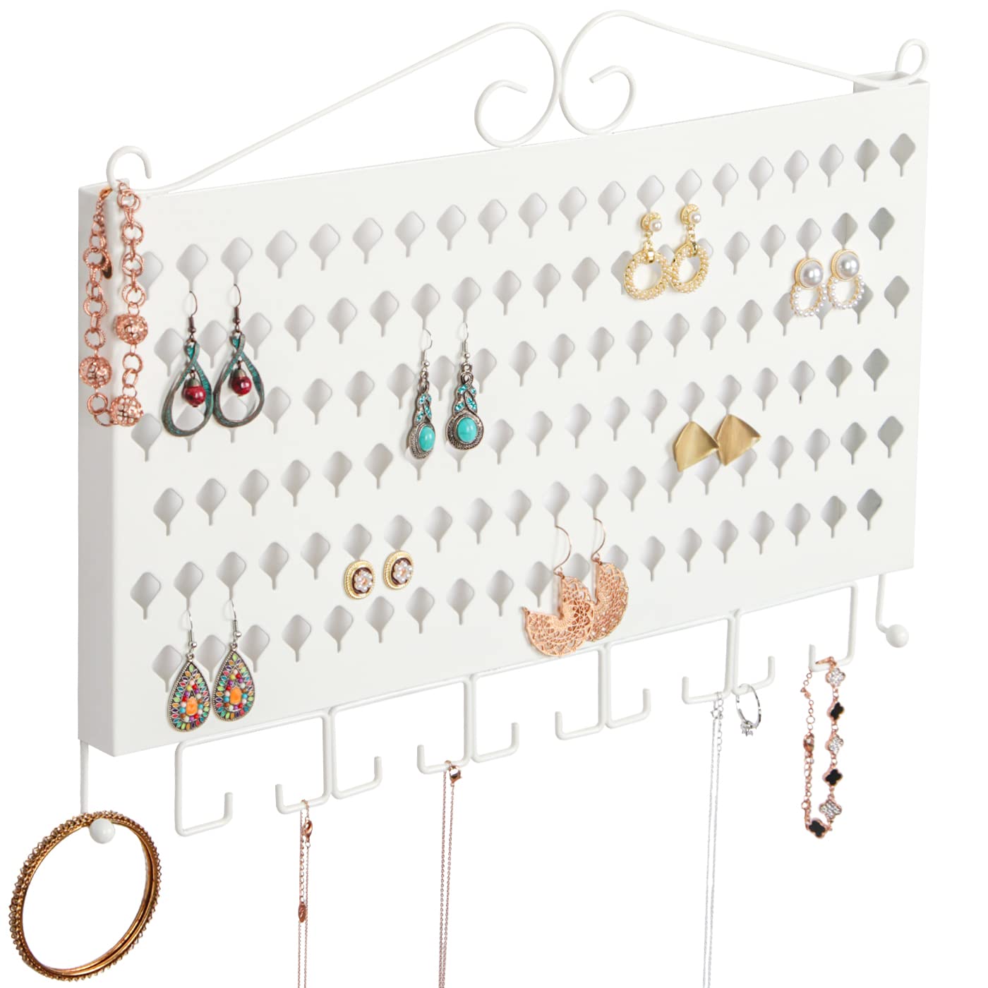 J JACKCUBE DESIGN Wall Mounted Jewelry Organizer, Earring Necklace Bracelet Rings, Accessories Holder Display Hanger Rack with 117 Holes & 12 Hooks (White, 16.54 x 12.2 x 0.75 inches) - MK319B