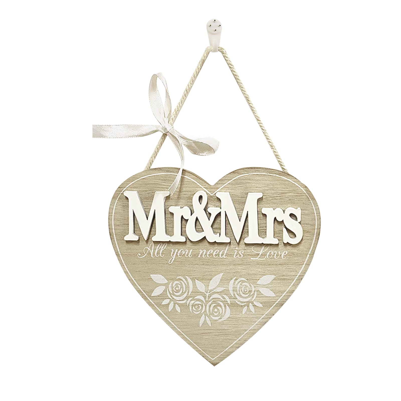 WANDIC Wedding Wooden Hanging, 1 Pieces Heart Wooden Sign Mr & Mrs Letters for Wedding Decoration Table Home Door Wall Decor