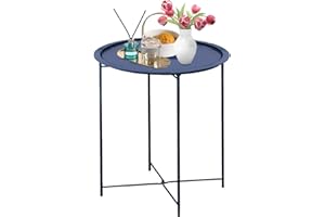 Garden 4 you End Table Metal Side Table Blue Round Folding Tray Cyan Sofa Small Accent Fold-able Table, Round End Table Tray, Next to Sofa Table, Snack Table for Living Room and Bed Room