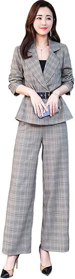 イノ Yino ワイドパンツ 2点セット チェック レディース スーツ ベルト付き 着痩せ ファッション エレガント フォーマル カジュアル 春 秋 パンツスーツ 通販 Amazon
