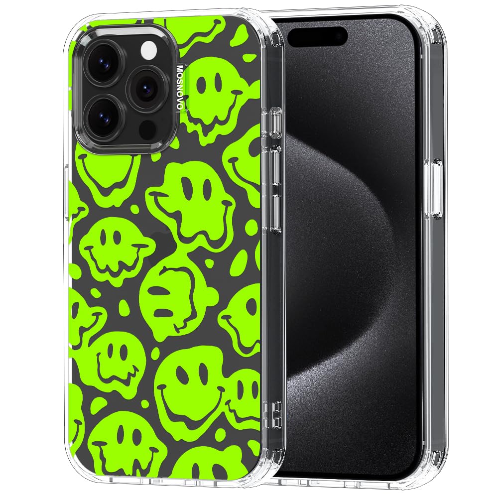 MOSNOVO Case for iPhone 15 Pro Max, [Buffertech 6.6ft Military-Grade Drop Protection] [Anti Peel Off Tech] Clear TPU Bumper Phone Case Cover Design - Distorted Green Smiles Face