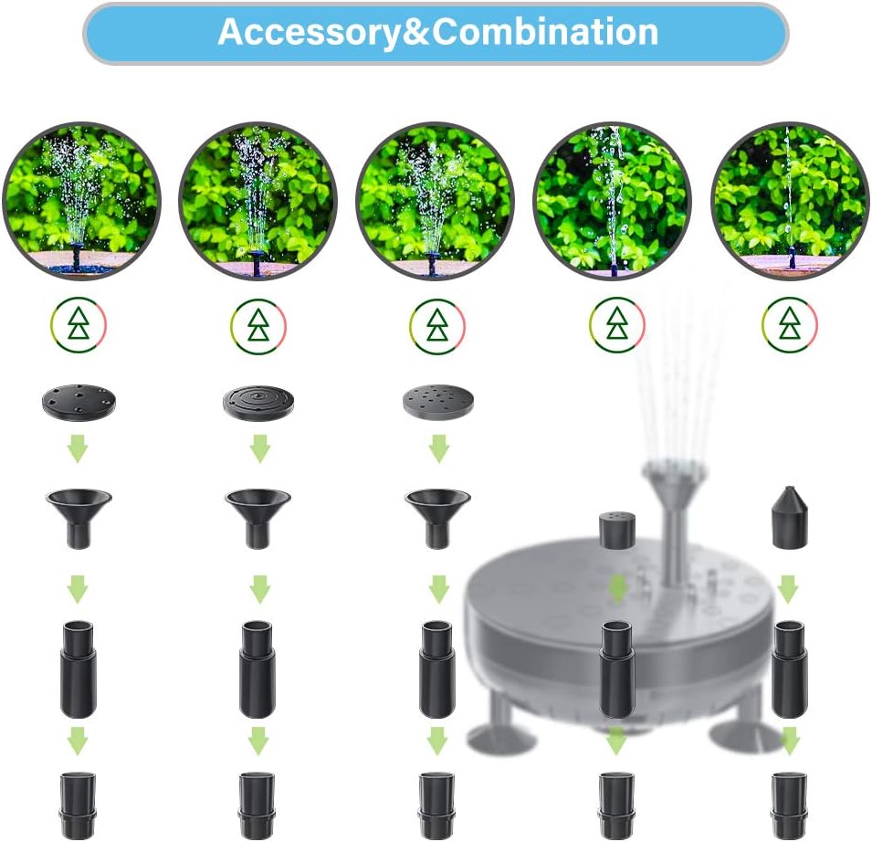 Pendoo Solar Fountain Pump, Solar Powered Water Fountain Pump Outdoor Built-in 1800mAh Battery with Night Work LED Lights, 6 Water Styles for Garden Pool Bird Bath Outdoors Ponds Solar Water Pump Kit: Home Improvement
