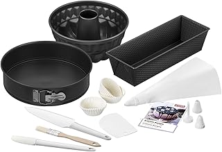 Kaiser Backformen Backset 10-tlg, Springform, Kastenform, Gugelhupfform, Spritzbeutel, Tüllen, Papierförmchen, Teigspachtel, Pinsel, Kuchenmesser