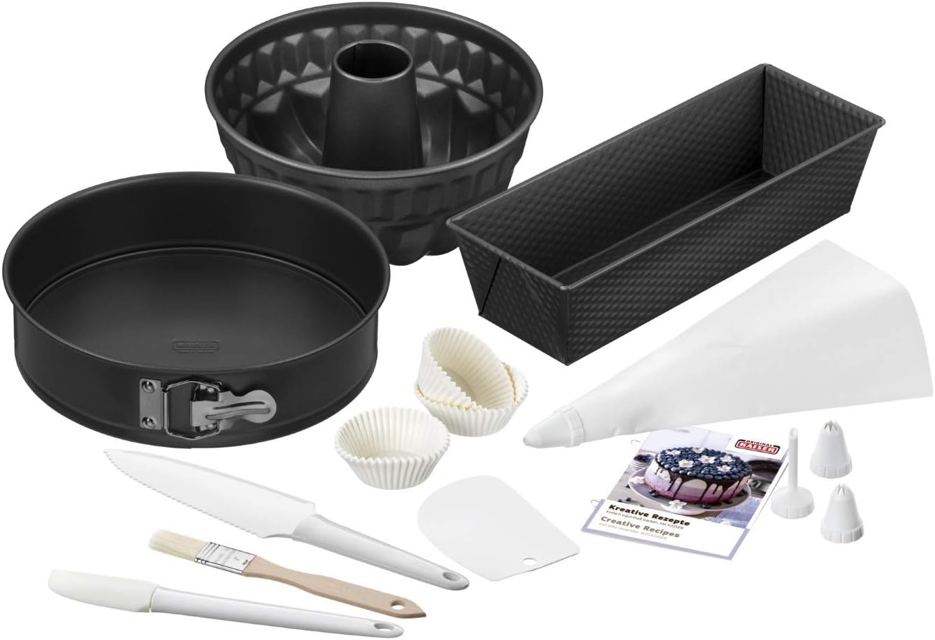 Kaiser Backformen Backset 10-tlg, Springform, Kastenform, Gugelhupfform, Spritzbeutel, Tüllen, Papierförmchen, Teigspachtel, Pinsel, Kuchenmesser