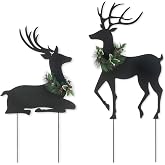 Glitzhome Set of 2 Metal Silhouette Reindeers Yard Sign with Stake, 42" H Christmas Decorative Standing Wall Hanging Decoration for Garden Home Lawn Pathway Walkway