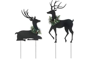 Glitzhome Set of 2 Metal Silhouette Reindeers Yard Sign with Stake, 42" H Christmas Decorative Standing Wall Hanging Decoration for Garden Home Lawn Pathway Walkway