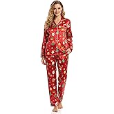 Chicingyou Christmas Women Satin Silk Pajamas Long Sleeve Sleepwear 2 Piece Button Up Pjs Set Xams Soft Loungewear