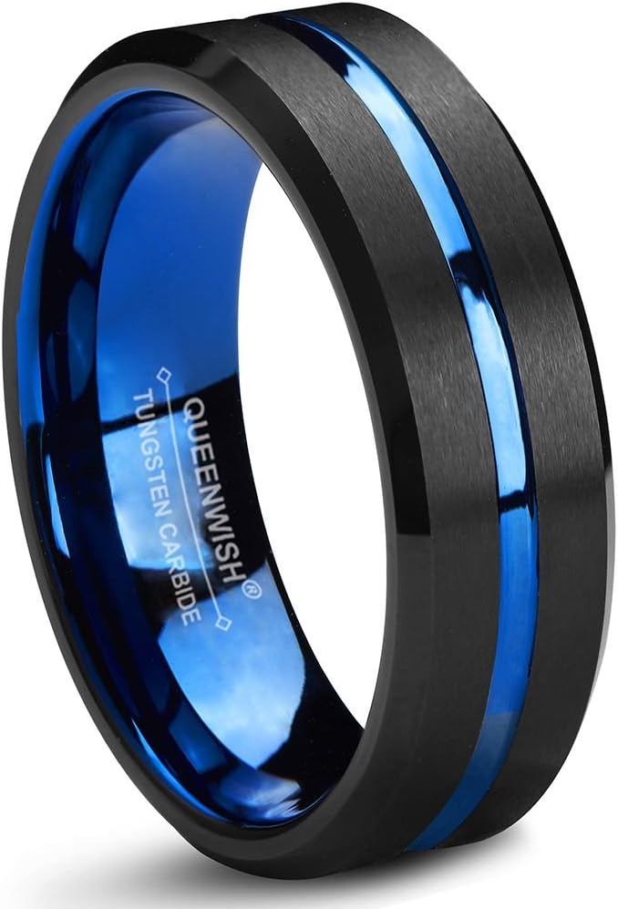 Queenwish Blue Black Tungsten Carbide Wedding Band 6mm Two Tone Brushed Couples Ring