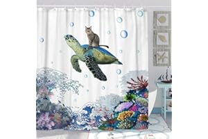 JAWO Funny Turtle Cat Blue Shower Curtain, Fun Marine Animal Shower Curtain Set, Blue Wave Coral Shower Curtain Suitable for Bathroom, Blue Fabric Bathroom Curtain with 12PCS Hooks, 70X70IN