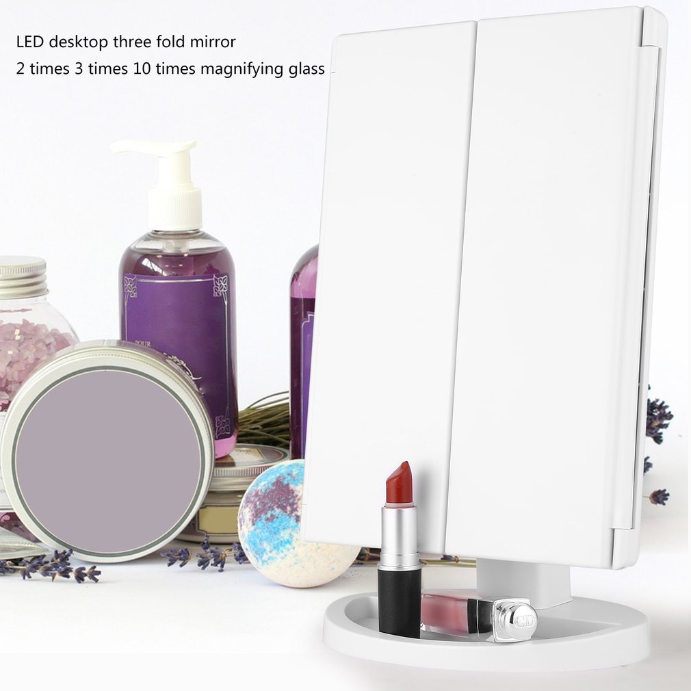 Miroir Maquillage LED lumineux, Miroir Triple Pliable avec Écran Tactile Grossissement 1X/2X/3X/10X Miroir Cosmétique 180° Ajustable avec Bouton, Câble USB pour Maquillage Beauté