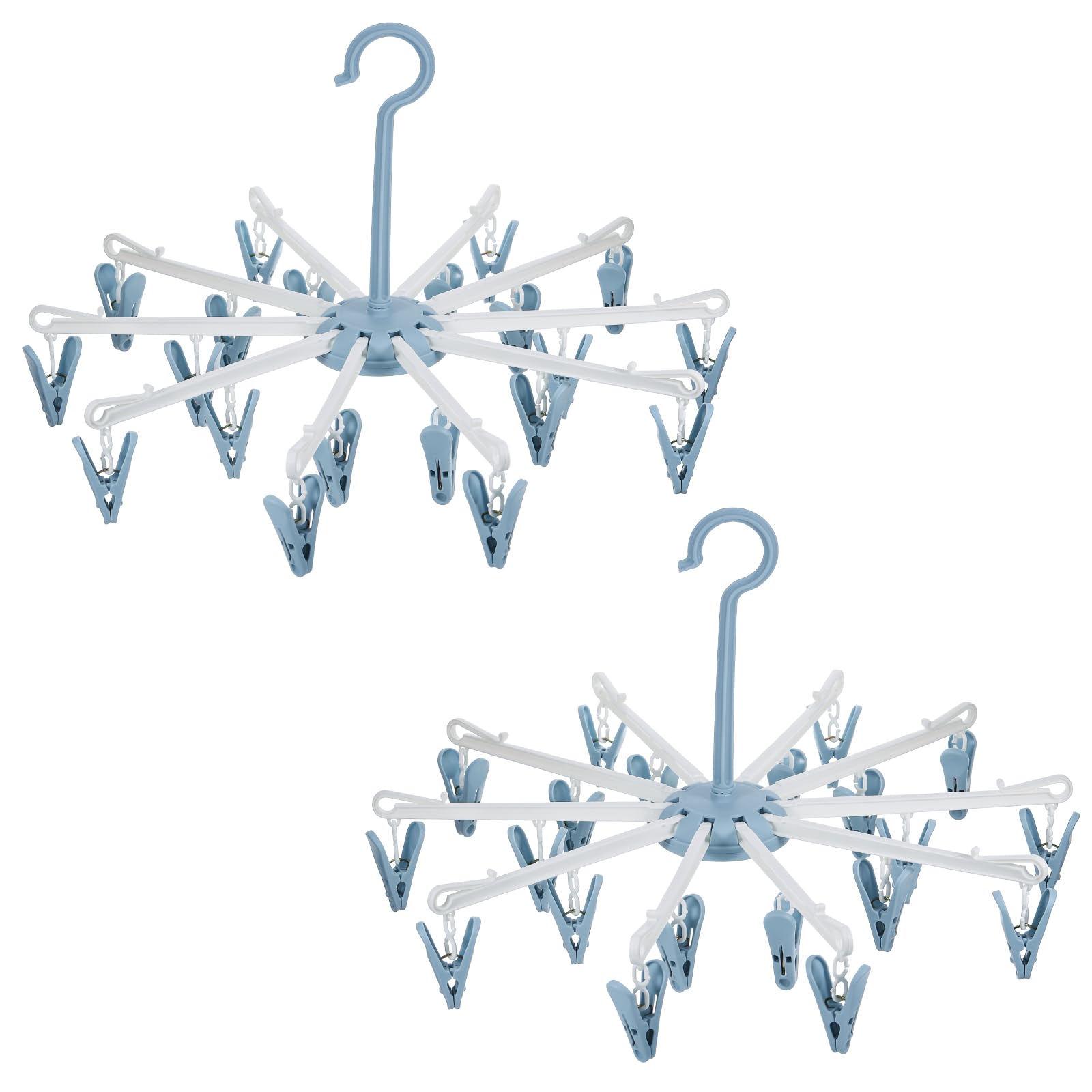 Hejo 2PCS Sock Dryer with Pegs, Sock Hanger for Washing Line, Foldable Underwear Dryer Hanger with 32 Clips, 360° Rotation Plastic Octopus Clothes Hanger for Baby Clothes, Hats, Scarf, Towel (Blue)