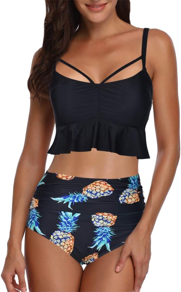 Adisputent Women's Bikini High Waisted Swimsuit Ruffle Print Bikini Swimwear Two Pieces Bathing Suit S-XL