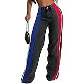 Angsuttc Jeans for Women Patchwork Stripes Trendy Jean High Elastic Waist Color Blocked Wide Leg Denim Pant Stretchy