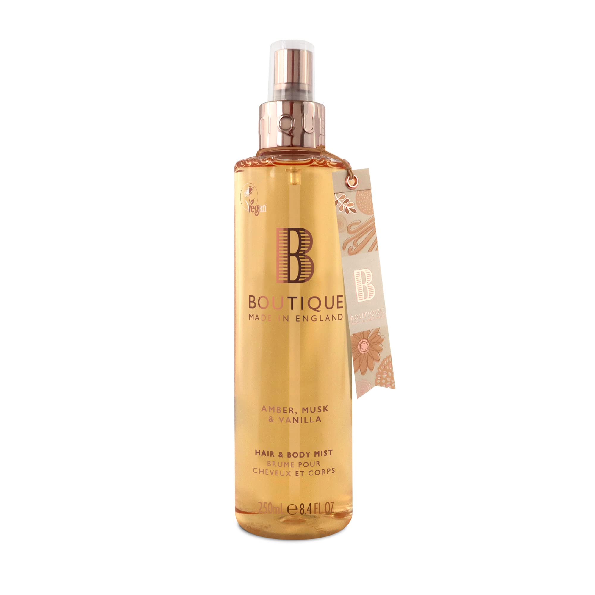 Boutique Body Spray 250ml - Amber, Musk & Vanilla Fragrance Womens Hair & Body Mist - Refreshing, Moisturising Spray With Essential Oils - Vegan - Made In England