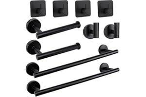 TocTen Bathroom Hardware Set, Stainless Steel Bath Towel Bar Set Including 2 Towel Rack for Bathroom+2 Toilet Paper Holder+6 Robe Towel Hooks Wall Mount Bathroom Accessory Set(10 pcs,Matte Black)