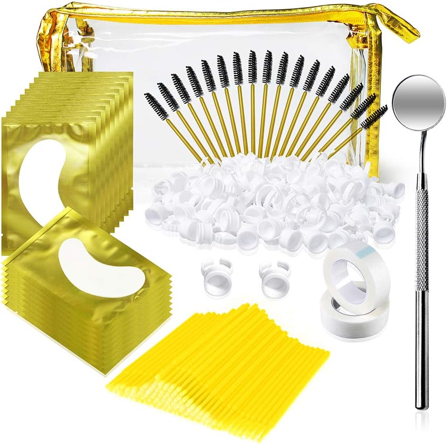 Eyelash Extensions Kits for Professionals, Eyelash Extension Supplies- Eyelash Pads& Eyelash Mascara Wands& Micro Applicator Brush& Glue Rings Holders& Eyelash Tapes& Magnifying Glass(GOLD)