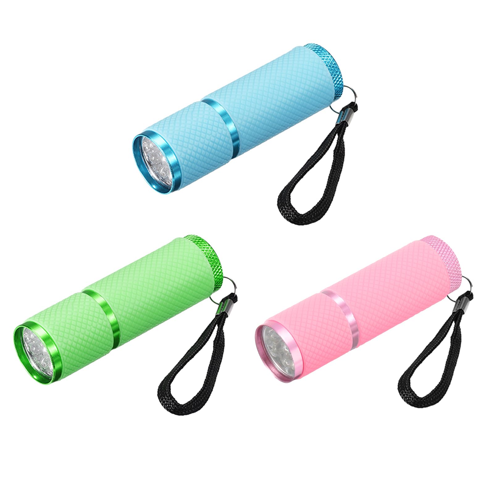 PATIKIL 9 LED Glow in Dark Flashlights, 3 Pcs Mini Aluminum Flashlight Rubber Coated Flashlight with Strap for Camping, Hiking, Party (Blue, Pink, Green)