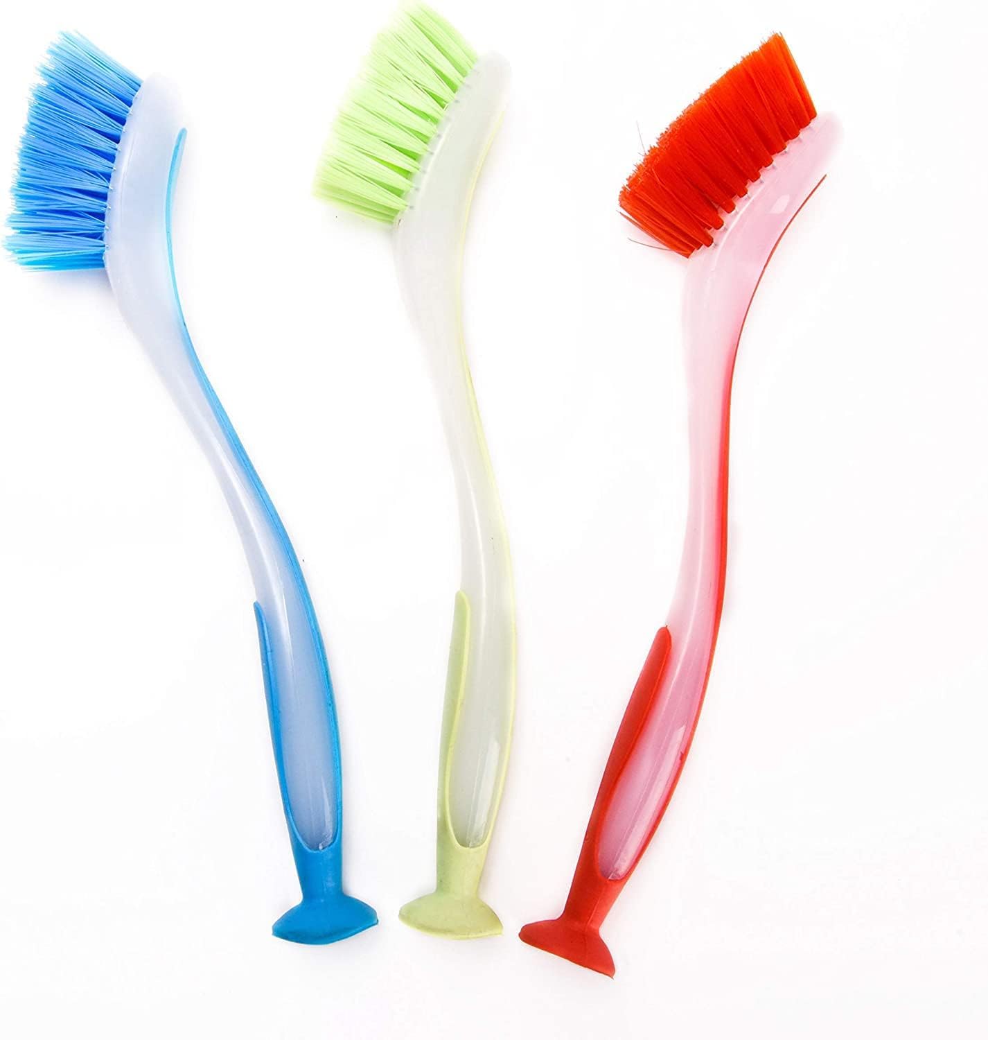 Zuvo Plastic Dish Cleaning Brush with Suction Cup Set of 3 | Washing Up Brushes for Kitchen Sink Cleaning, Dishes, Pans, Pots | Scrubbing Brush with Durable Bristles (5 x 21 x 5 cm)