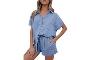 CANBEBIG 2 Piece Sets for Women Summer Cotton Linen Lounge Set Oversized Shirts and Shorts Tracksuits Loungewear with Pockets