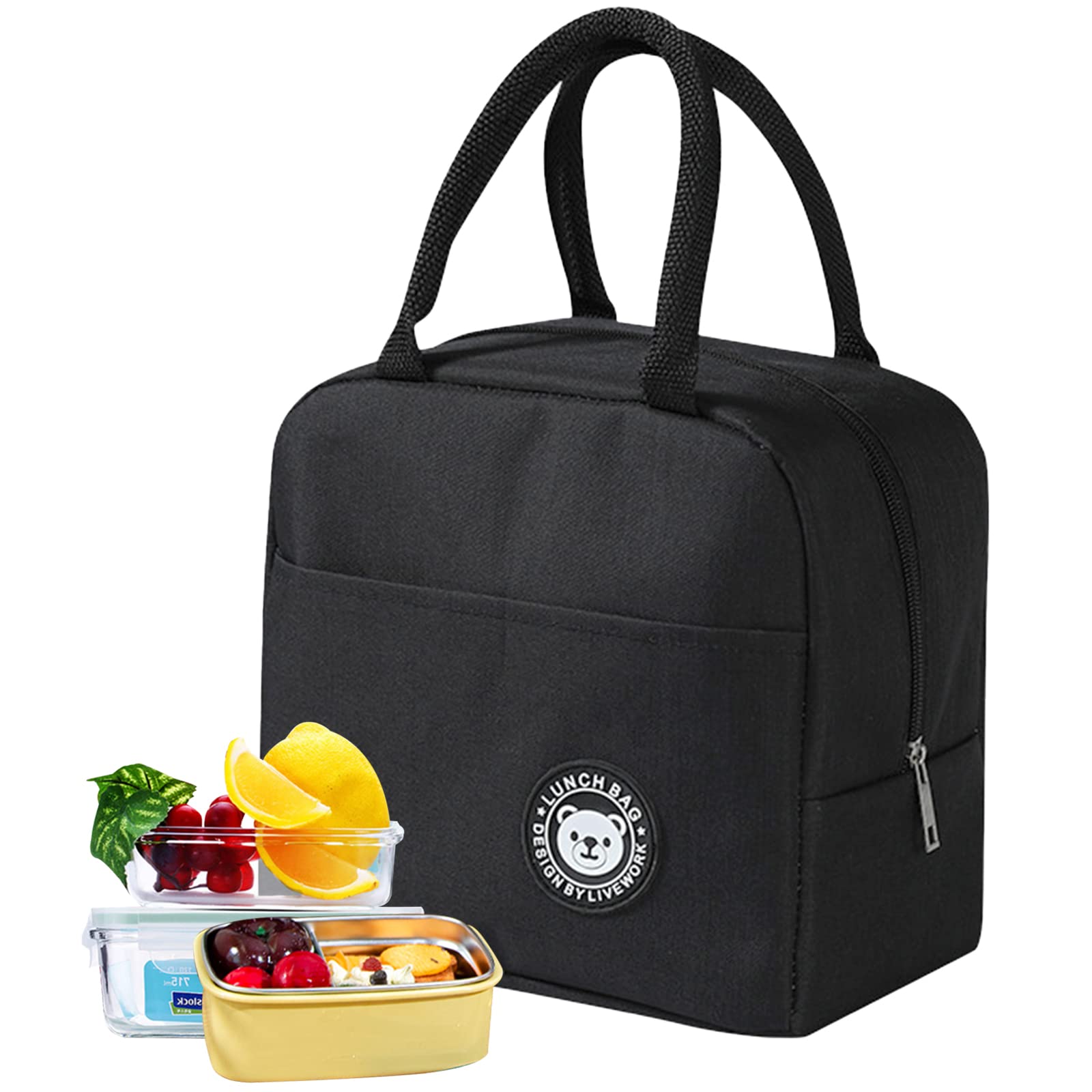 Amfrpar AMF-01 Women's Insulated Lunch Bag Small Insulated Lunch Box Cooler Soft Waterproof Mini Lunch Bag with Aluminium Foil for Women Children Men Baby School Office Black