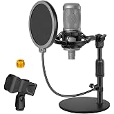 Rigych Mic Stand Desk Adjustable Desktop Microphone Stand with Stable Metal Base, Shock Mount, Pop Filter, Mic Clip, and Mic Adapter for AT2020, HyperX QuadCast, Blue Yeti, Shure SM58