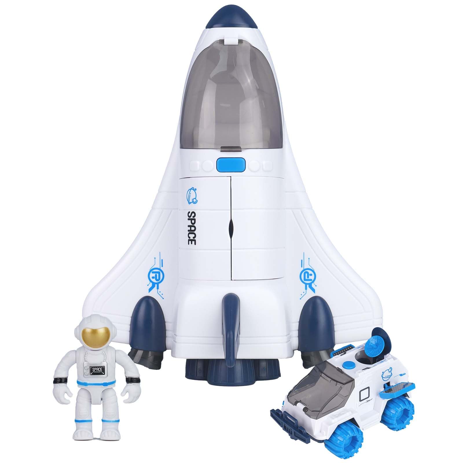 Spaceship Toy Set for Boys Girls, Space Shuttle Toys with Lights & Sound, including 2 Astronauts Figure, 1 Rotating Space Station, 1 Space Rover, Astro Venture Space Playset 10 Pcs (Blue) (White)