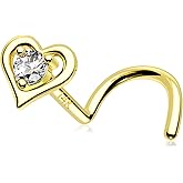 MeIighting 14K Solid Gold Heart Nose Rings - 20G Star Nose Piercing Jewelry for Women with Clear CZ Stones
