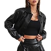 Muzly Womens Cropped Faux Leather Jacket Button Down Lightweight Bomber Motorcycle Jackets fall Fashion Coats Winter Outfits