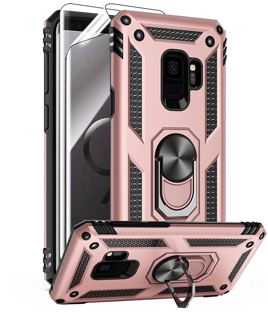 Androgate for Samsung Galaxy S9 Case with HD Screen Protectors, Military-Grade Metal Ring Holder Kickstand 15ft Drop Tested Shockproof Cover Case for Samsung Galaxy S9 (2018), Rose Gold
