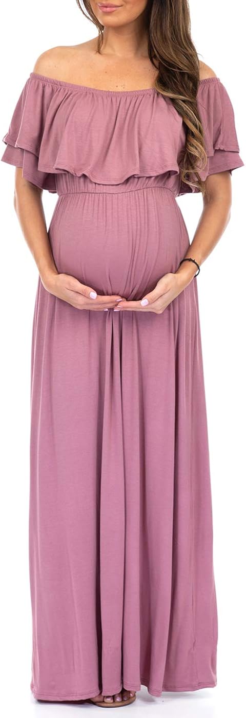 Mother Bee Maternity Open Shoulder Maternity Dress with Ruffles at  Women’s Clothing store