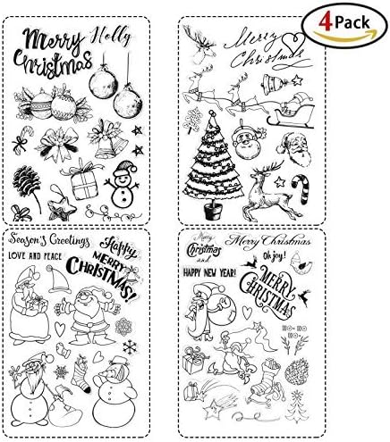 Christmas Stamps, Holody 4 Pack Rubber Clear Stamps Set for Card Making Xmas Party DIY Decorations Supplies for Kids