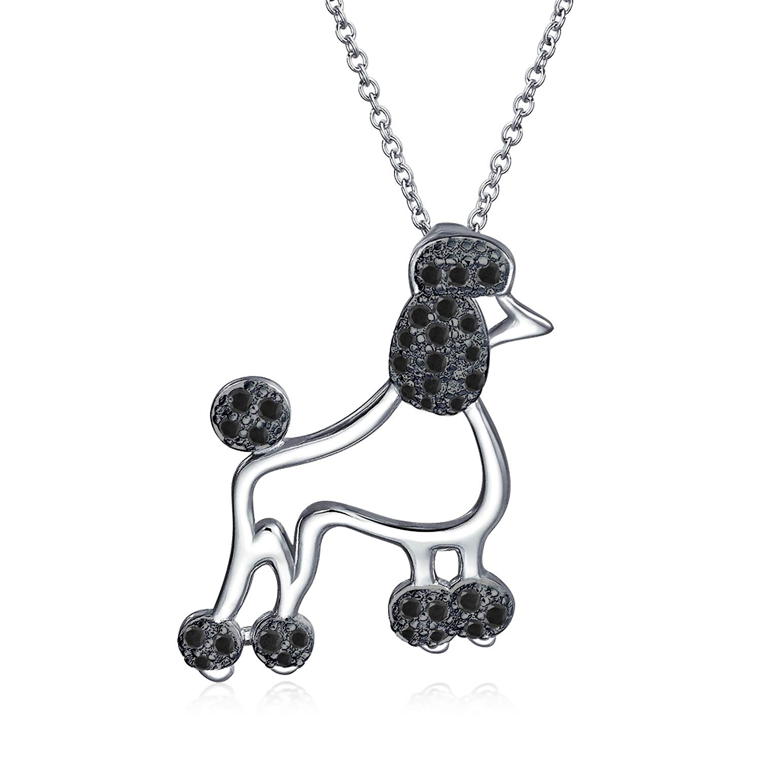 Bling Jewelry Animal Lover Best Friend Black Pave CZ Accent Puppy Pet Dog Elegant Poodle Pendant Necklace For Women Teen .925 Sterling Silver