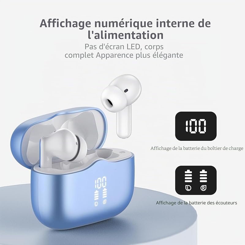Ecouteurs Bluetooth Sans Fil, Écouteurs Bluetooth 5.4 Hi-FI Stéréo avec 4 ENC Réduction Antibruit Mic, 40H Casque Sans Fil, Écran LED, Contrôle Tactil, IP7 Étanche Oreillette pour iOS Android,Lac Bleu