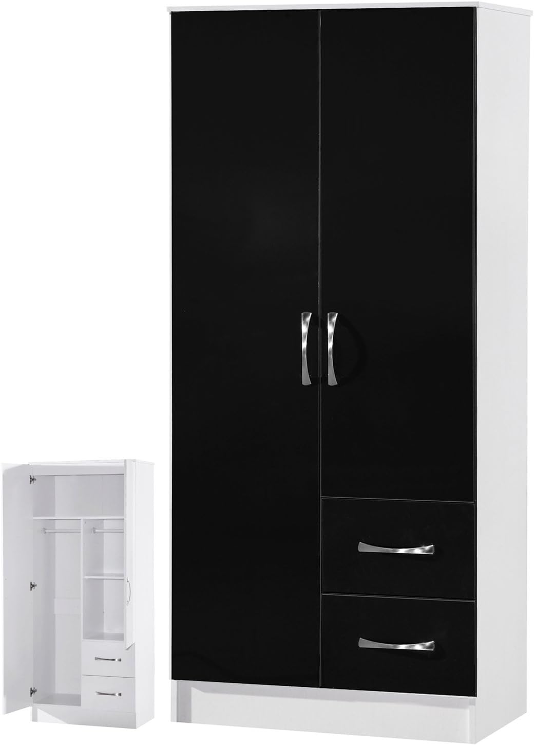 Marina Black High Gloss & Ash White 2 Door Combi Wardrobe, Wood, Black&White, 46.5x76x180.5 cm