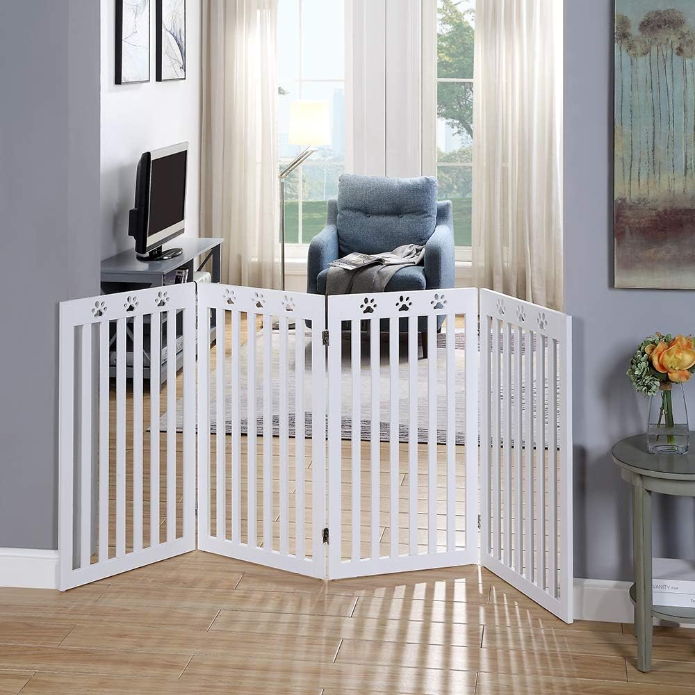 unipaws Dog Gate with Paw Deco Design, Freestanding Wood Pet Fence, Indoor Assembly Free Extra Wide and Tall Doorway and Stair Barrier, White, 51cm W, 91cm H, 4 Panels