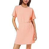 SENSERISE Womens Short Sleeve T Shirt Dresses Crew Neck Solid Color Basic Smocked Waist Dress with Pockets(Light Pink,L)