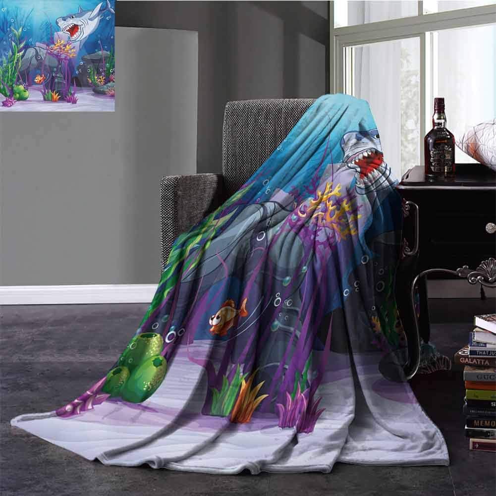 Ocean Warm Blanket Cartoon Style Underwater World Plants and Evil Shark Chasing Little Fish Illustration Baby Small Fleece Blanket Throw Size Multicolor 50x60 Inch