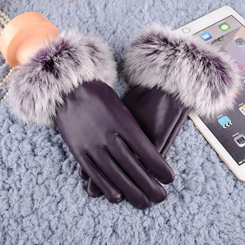 image for YiYLunneo Women Leather Gloves Warm Lady Dressy Gloves Rabbit Fur Mitt