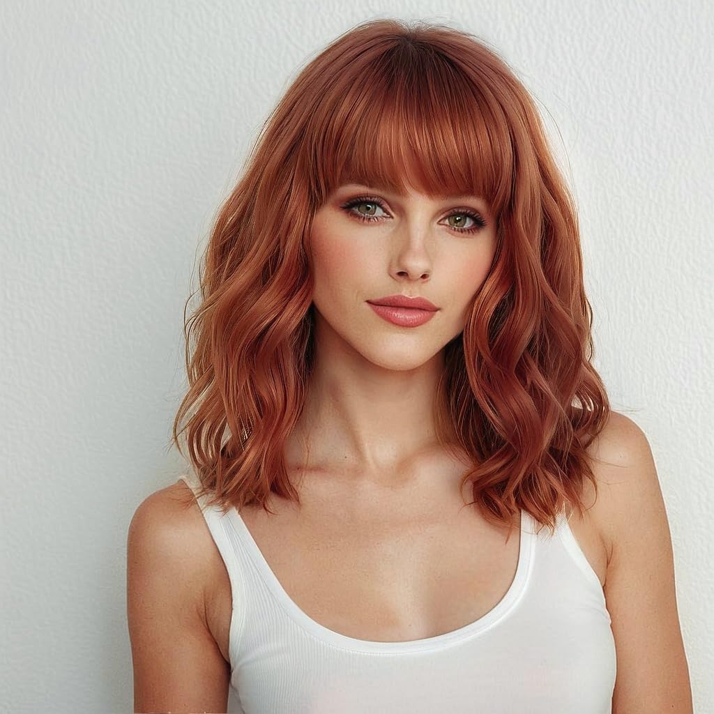 YEESHEDO Copper Red Short Auburn Bob Wigs with fringe for Women Natural Wavy Curly Hair Wig Heat Resistant Synthetic Wig for Ladies Daily Use or Cosplay Party Costumes,14inch — image 1