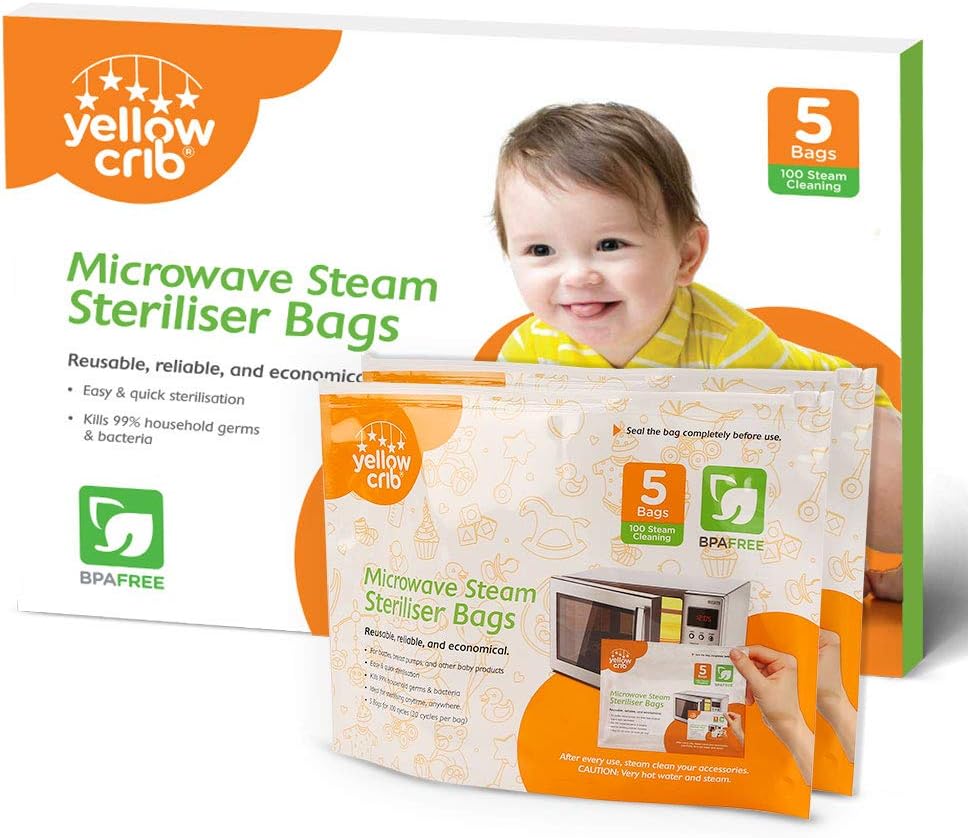 Microwave Steam Sterilizer Bag (5 Pcs) 100 Uses - 100% Safe & Easy Ziplock Steam Bags for Baby Bottles, Soothers, Teethers & Training Cups