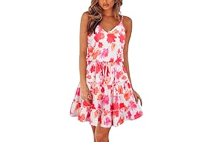 Newshows Women's 2024 Summer Dress Spaghetti Strap Casual Boho Beach Vacation Outfits Drawstring Ruffle Hem Sundress Trendy