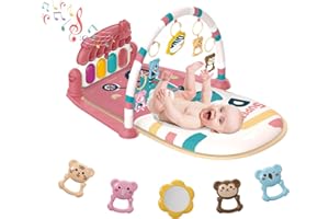 dearlomum Play Mat & Activity Gym, Piano Tummy Time Gym Mat with 5 Infant Sensory Toys, Music and Lights, Gifts for Newborns 0–12 Months (Pink)