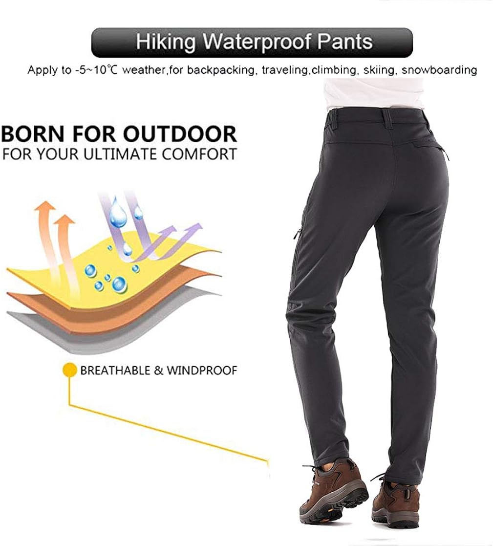 Women's Snow Fleece Soft Shell Insulated Waterproof Pants Warm Outdoor Cargo Hiking Pants: Clothing