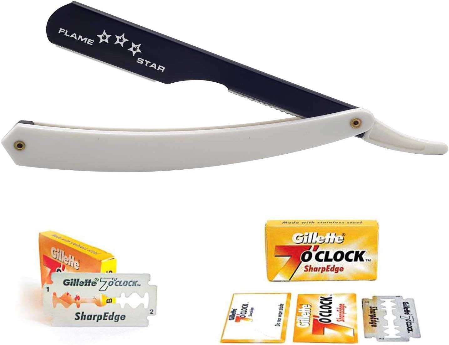 White and Black Slide Out Barber Razor with, Changeable Blade Straight Edge Razor, Straight Razor for Barber Kit, Eyebrow Razor, Razor for men with Razor Blades by" FLAME STAR"