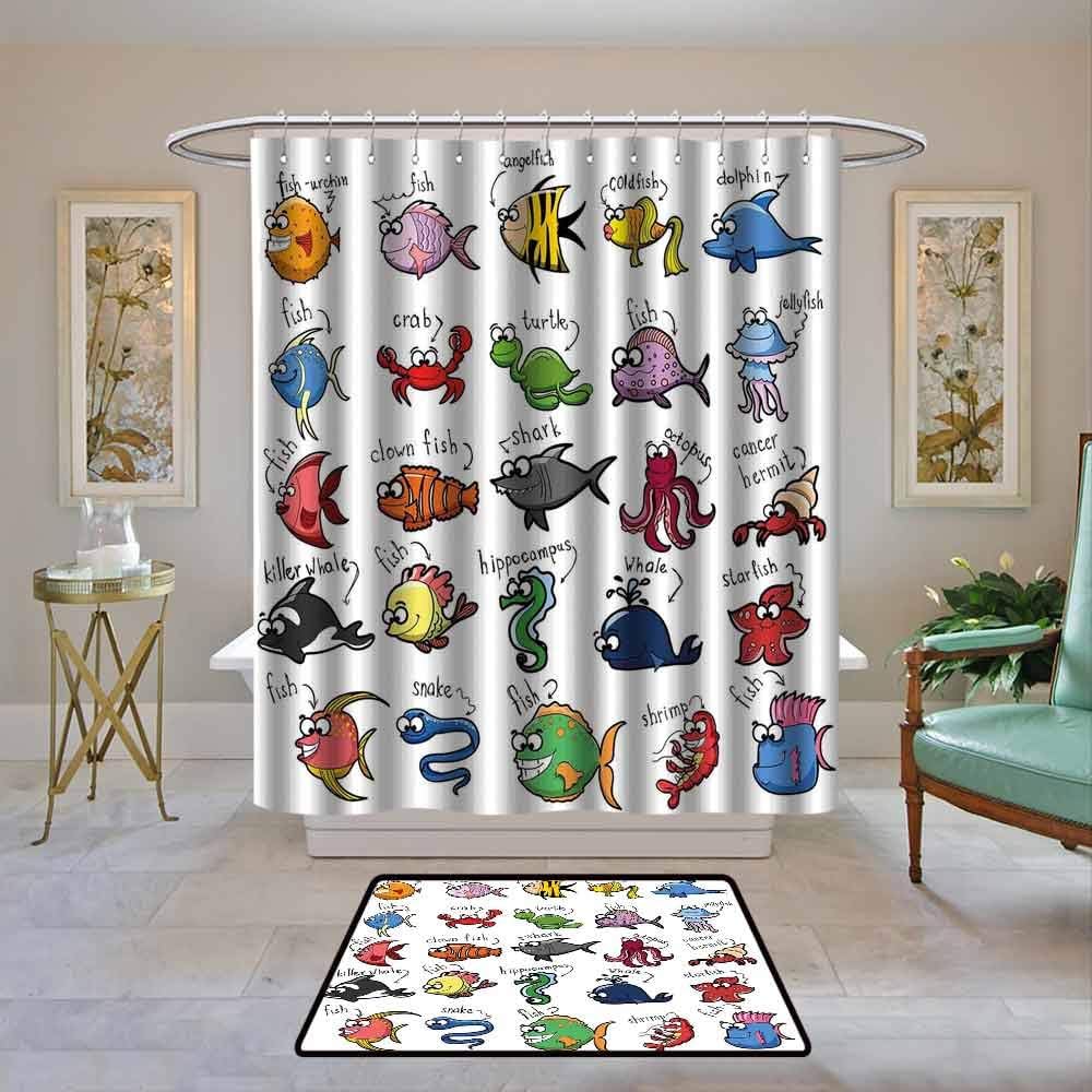 Custom Shower Curtain Nautical Decor for Kids,Aquarium Cartoon Octopus Dolphin Shark Whale Clown Fish Jellyfish Crab Marine,,Print Polyester Fabric Bathroom Decor Sets with Hooks 72"x78"