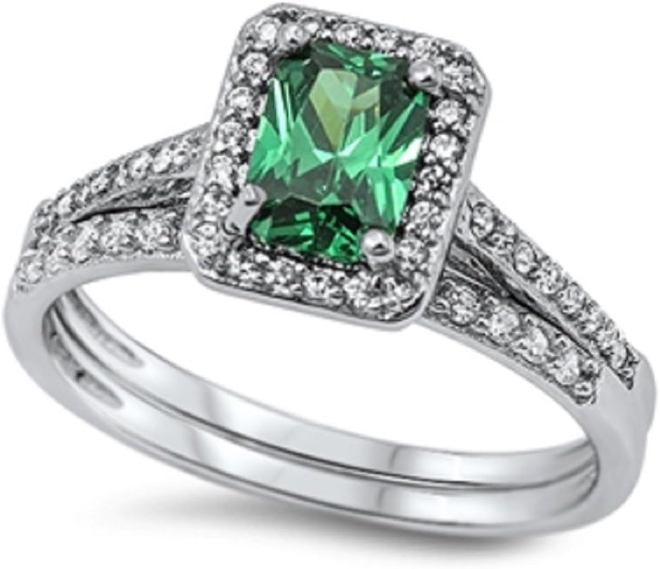 STERLING SILVER RING W/CZ Synthetic Emerald - Wedding Set