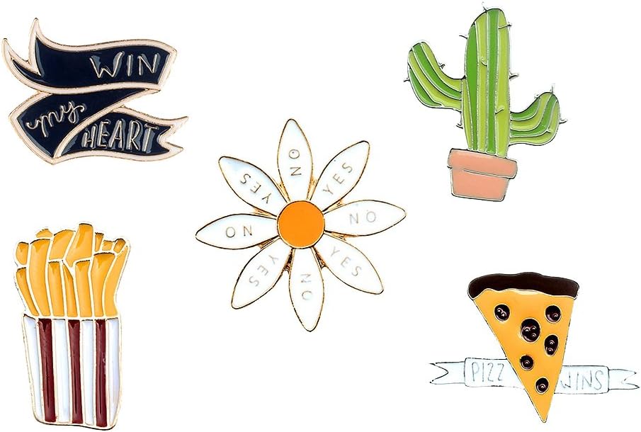 Ihrkleid Brooch Badge Pins Metal Brooch Set of 5 Chrysanthemum Cactus Fries Pizza