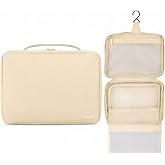 KAZAY Hanging Toiletry Bag with TSA Approved Detachable Pouch, COMPACT TRAVEL SIZE, Travel Toiletry Bag, Water Resistant, Premium Nylon, Travel Size Toiletries, Cosmetic Bag Makeup Bag (Beige)